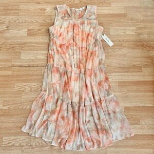 NWT Calvin Kline Chiffon Floral Peach & White Sleeveless Tiered Maxi Dress 16
